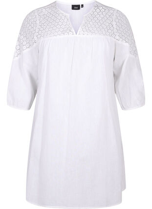 Kleid aus einer Baumwollmischung mit Leinen und Häkeldetails, Bright White, Packshot image number 0
