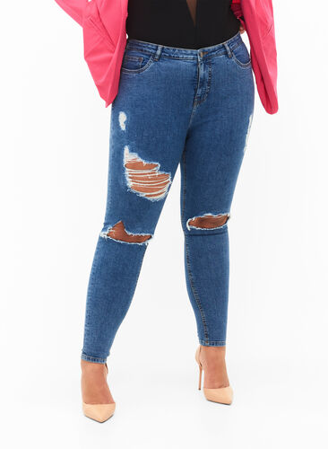 Eng anliegende Jeans mit Schlitzen, Blue denim, Model image number 2