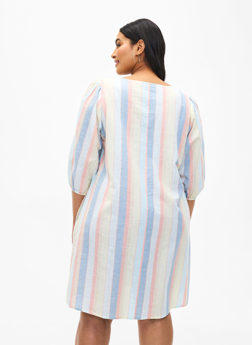 Kurzes Kleid aus Baumwollmischung mit Leinen, Multi Color Stripe, Model image number 1
