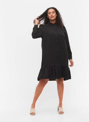 Hemdkleid aus Viskose mit Rüschensaum, Black, Model image number 2