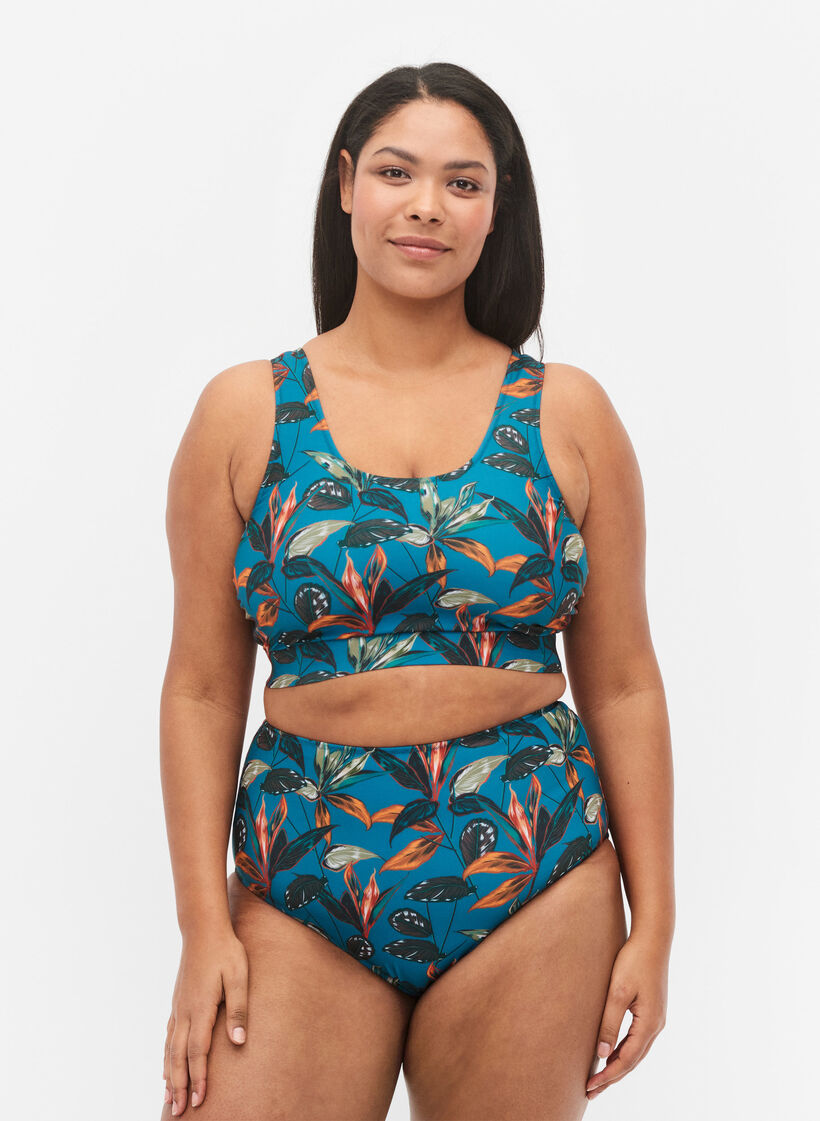 Hochtailliertes Bikiniunterteil mit Print, Leaf Print , Model image number 0