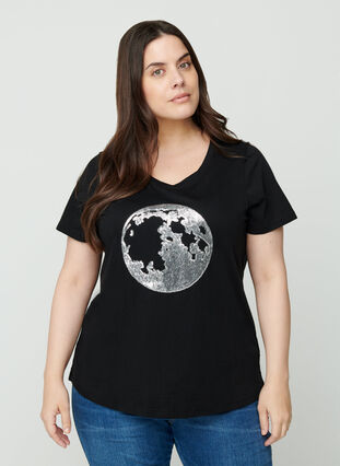 Baumwoll-T-Shirt mit Pailletten, Black, Model image number 0