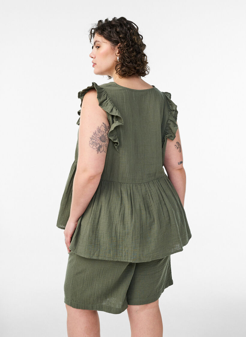 Lockere Shorts aus Baumwollmusselin mit hoher Taille, Gr&uuml;n, Model image number 2