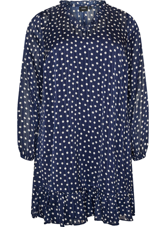 Gemustertes Kleid mit R&uuml;schen und langen &Auml;rmeln, Blau, Packshot image number 0