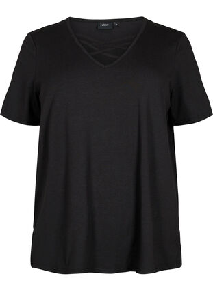 T-Shirt mit V-Ausschnitt und Kreuzdetails, Black, Packshot image number 0