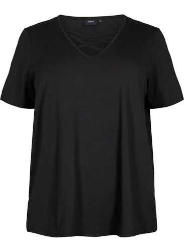 T-Shirt mit V-Ausschnitt und Kreuzdetails, Black, Packshot image number 0
