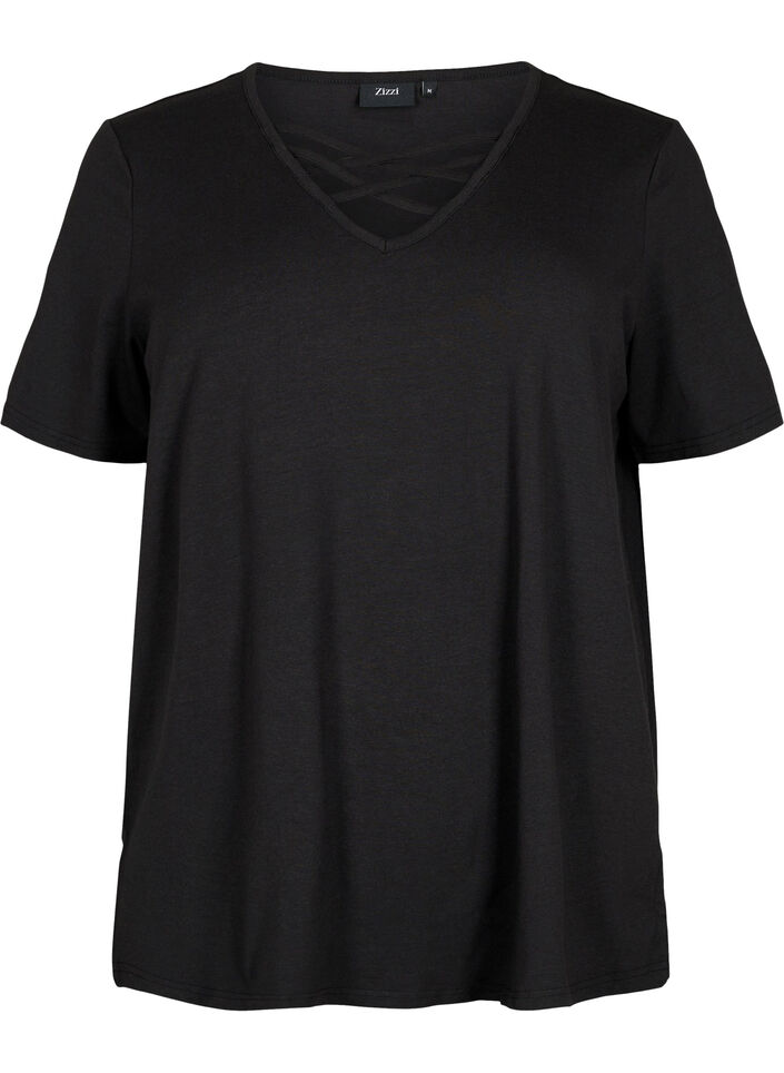 T-Shirt mit V-Ausschnitt und Kreuzdetails, Black, Packshot