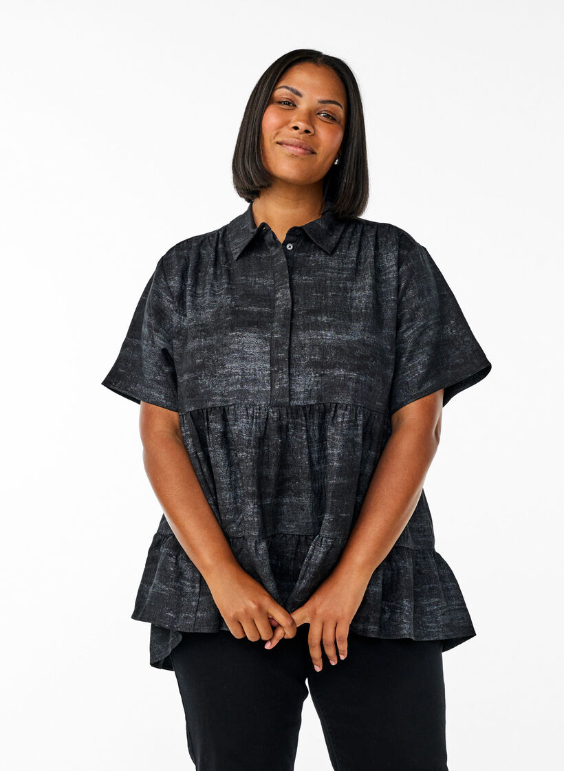 Lockere Bluse mit Kragen und Knöpfen, Schwarz, Model image number 0