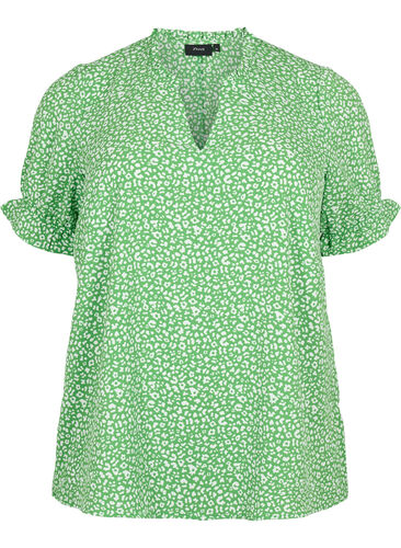 Kurzärmelige Bluse mit Druck (GRS), Green Ditsy, Packshot image number 0