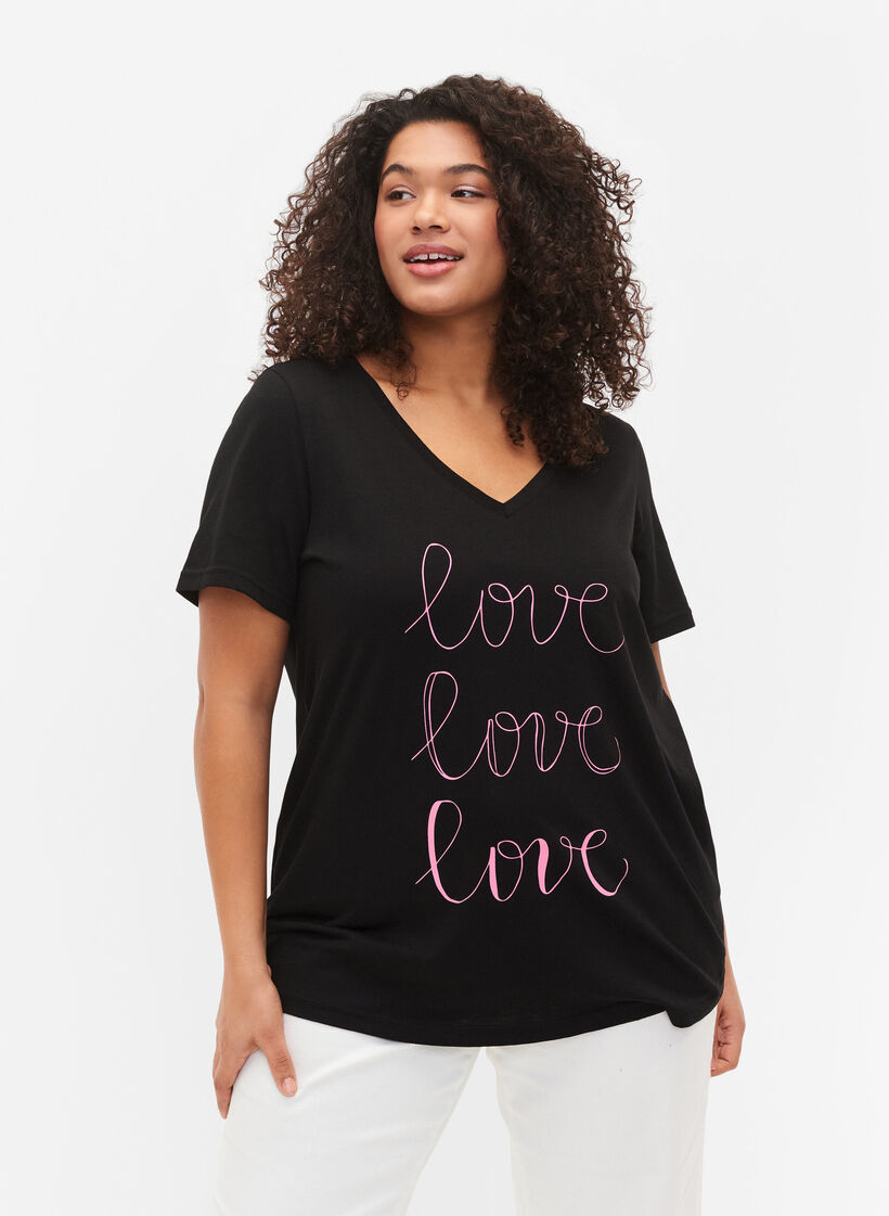 T-Shirt aus Baumwolle mit V-Ausschnitt und Druck, Black W. Love, Model