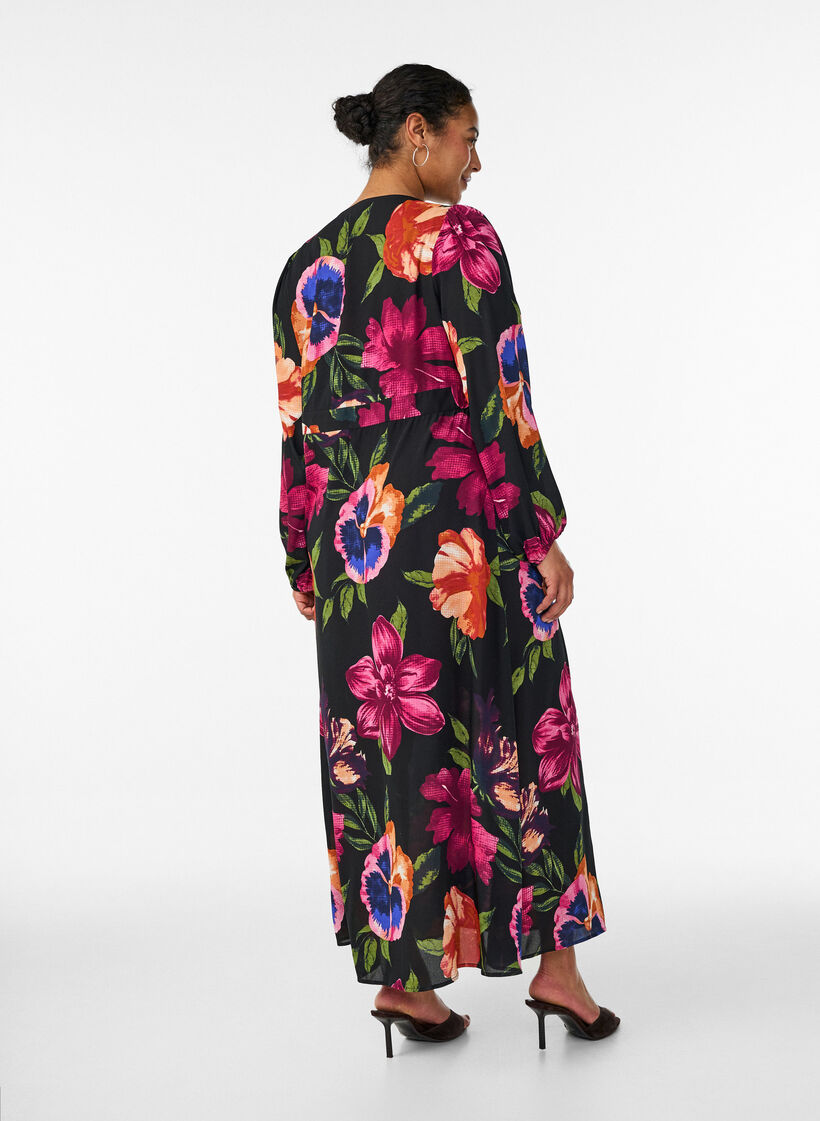 Maxikleid mit Wickelausschnitt und langen &Auml;rmeln, Schwarz, Model image number 1