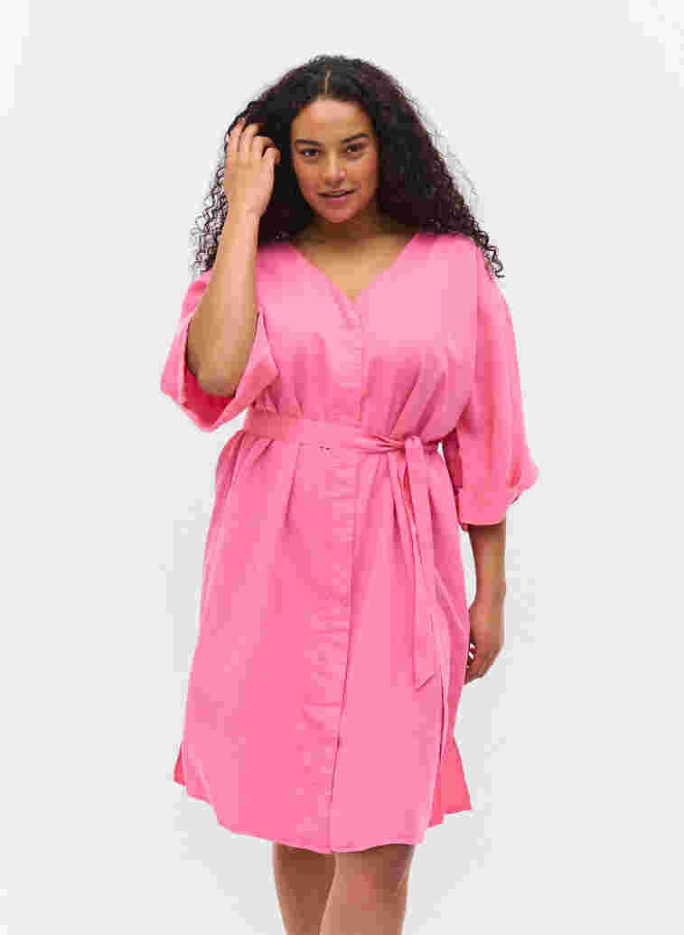 Kleid mit 3/4-Ärmeln und Bindeband, Shocking Pink, Model image number 0