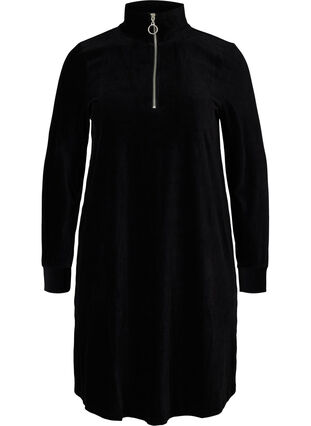 Hochgeschlossenes Velour-Kleid mit Reißverschluss, Black, Packshot image number 0