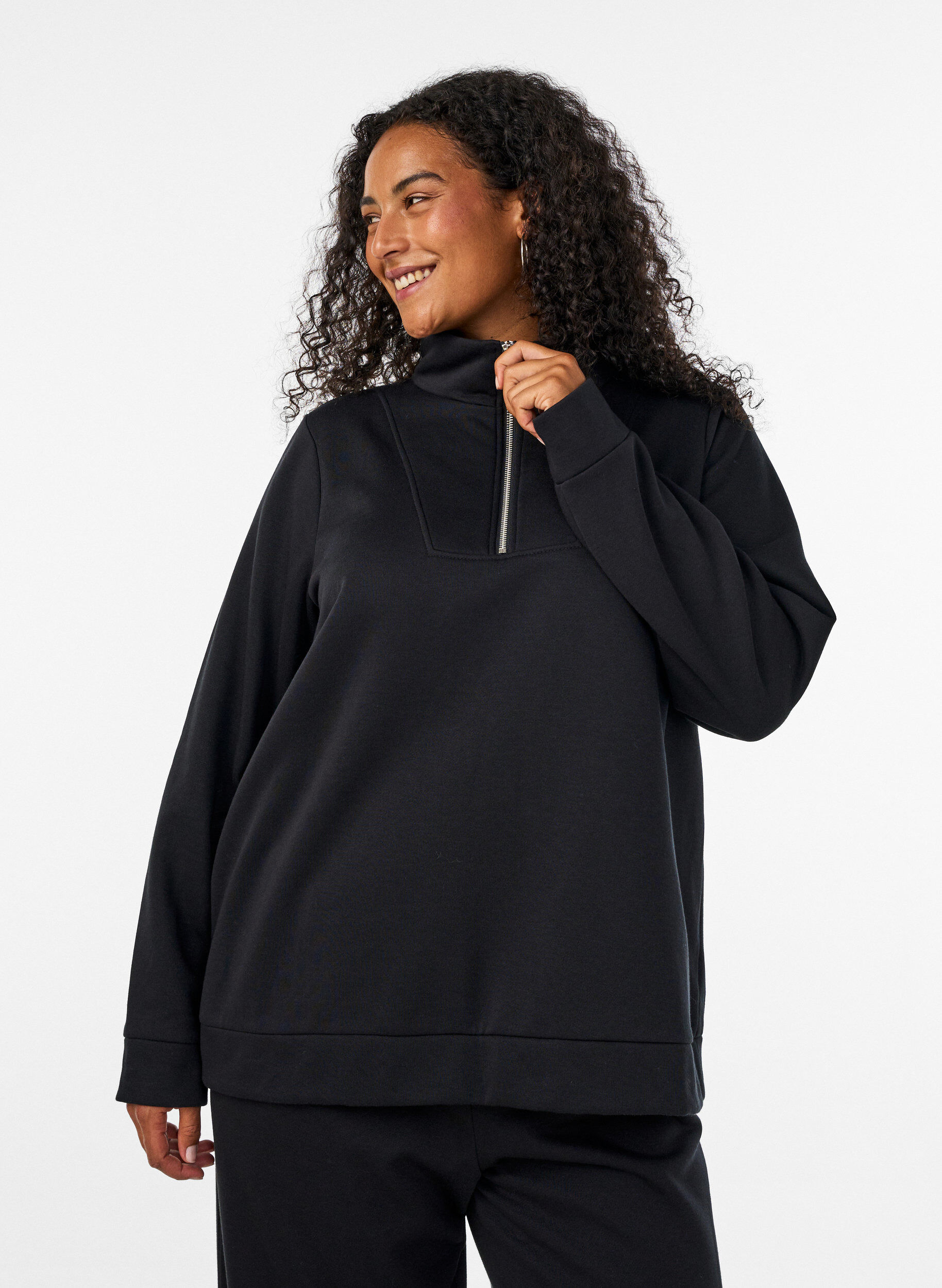 ZizziSweatshirt mit hohem Kragen und Rei&szlig;verschluss, Schwarz, Model image number 0
