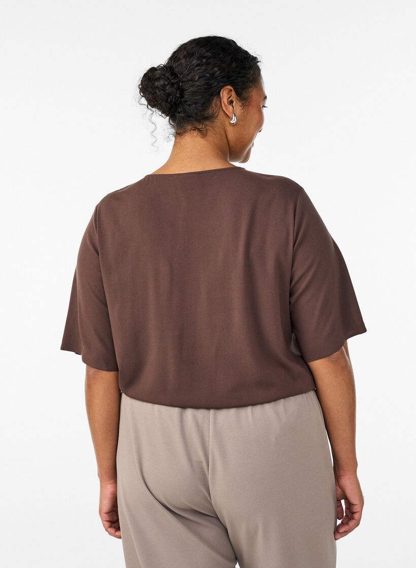 Kurz&auml;rmelige, gewebte Bluse mit Rundhals, Braun, Model image number 2