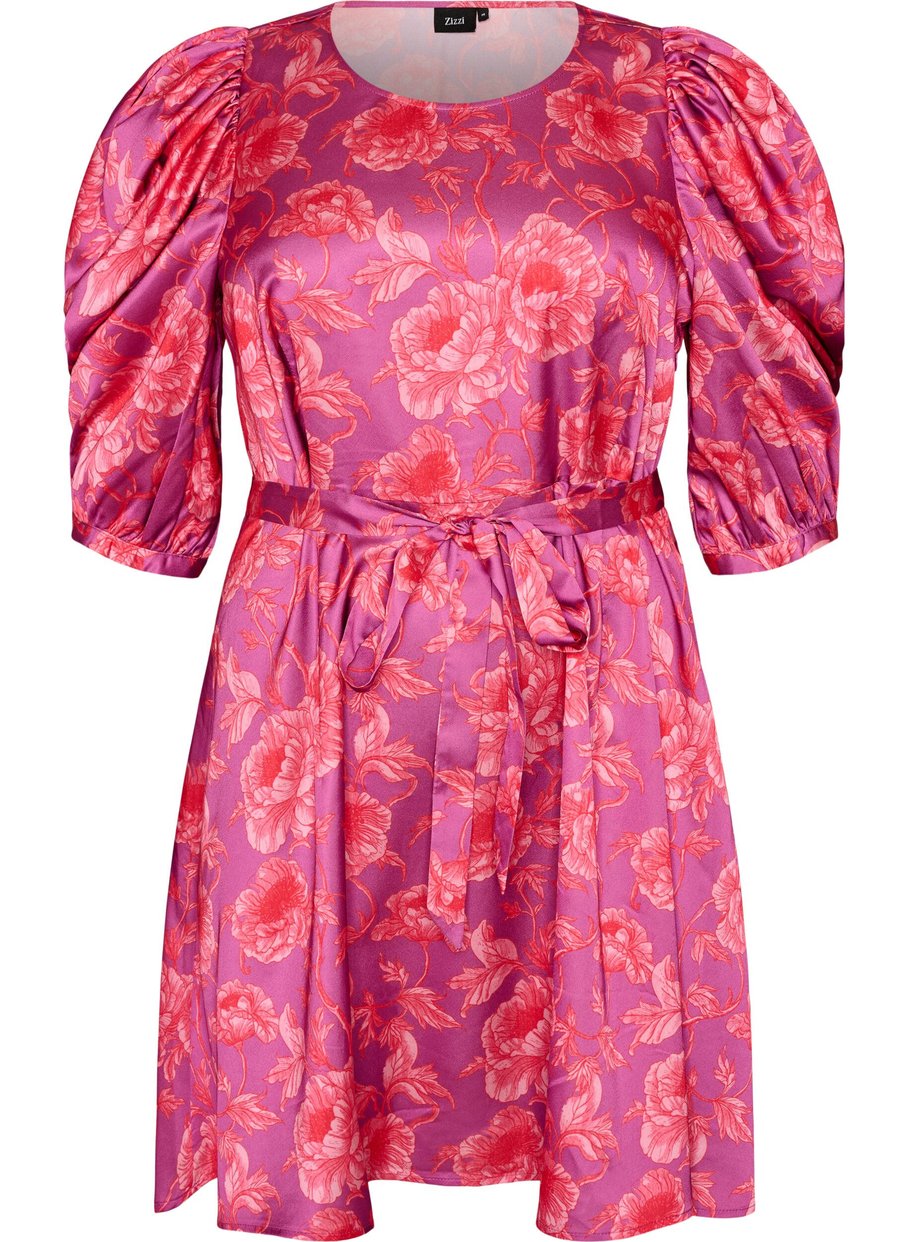 ZizziGebl&uuml;mtes Kleid mit Puff&auml;rmeln und Bindeg&uuml;rtel, Pink, Packshot image number 0