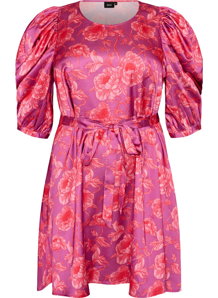 Gebl&uuml;mtes Kleid mit Puff&auml;rmeln und Bindeg&uuml;rtel, Pink, Packshot image number 0
