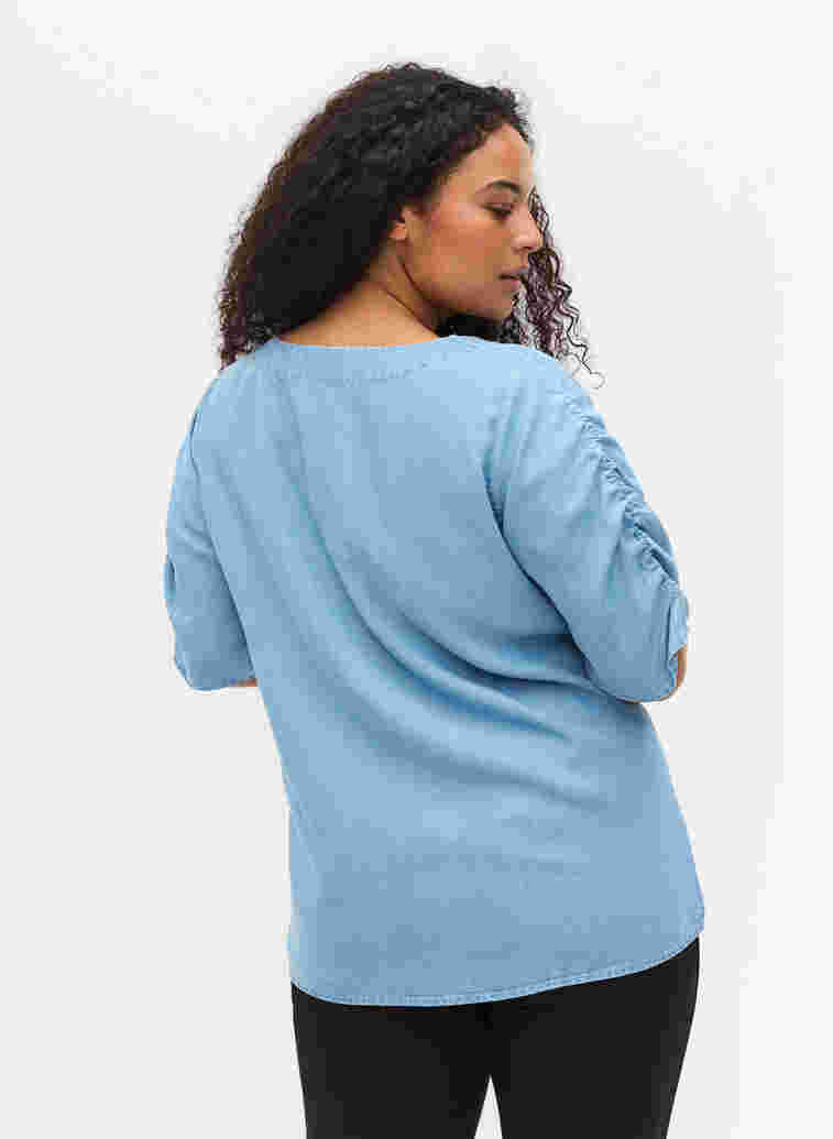 Bluse mit gerafften Ärmeln, Light blue denim, Model image number 1