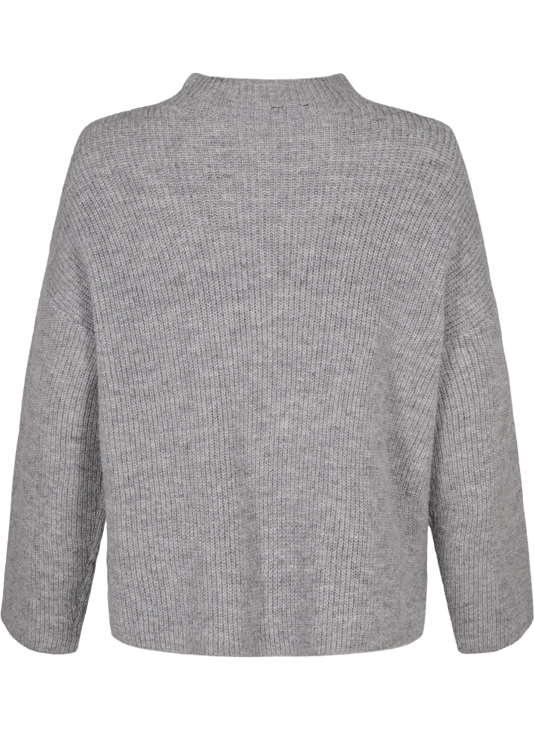 ZizziGestrickte Bluse aus Wolle mit Kontraststreifen, Medium Grey Melange, Packshot image number 1