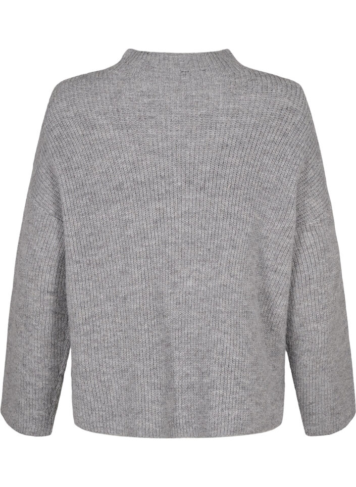 Gestrickte Bluse aus Wolle mit Kontraststreifen, Medium Grey Melange, Packshot image number 1