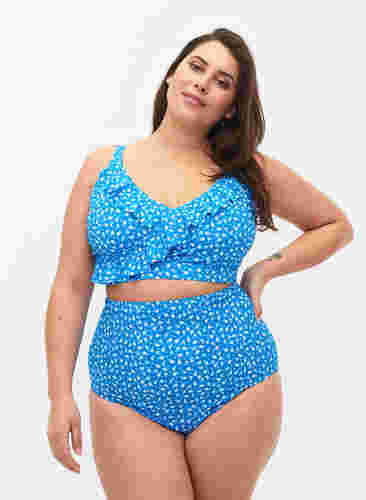 Extra hoch taillierte Bikini-Hose mit Blumenprint, Blue Flower Print, Model image number 0
