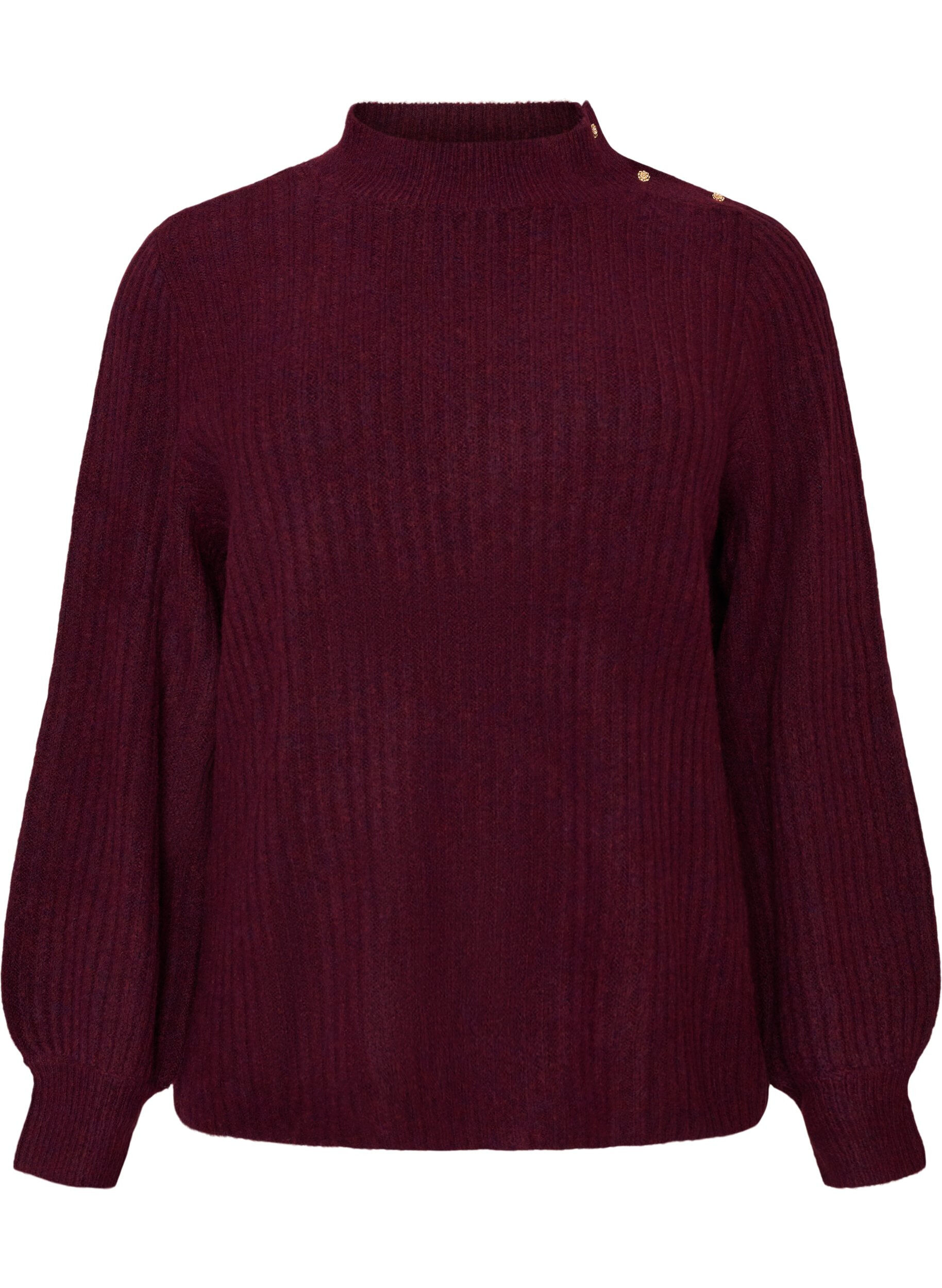 ZizziPullover aus Rippstrick mit Puff&auml;rmeln und Kn&ouml;pfen, Dunkles Bordeaux, Packshot image number 0