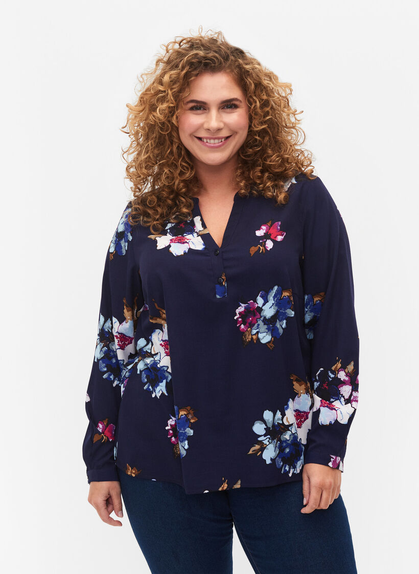 FLASH - Lang&auml;rmelige Bluse mit Print, Big Blue Flower, Model image number 0