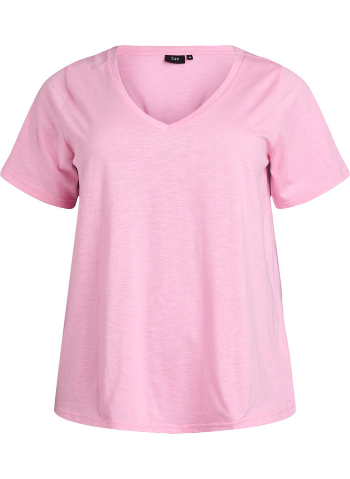 Kurz&auml;rmeliges Basic T-Shirt mit V-Ausschnitt, Pink, Packshot image number 0
