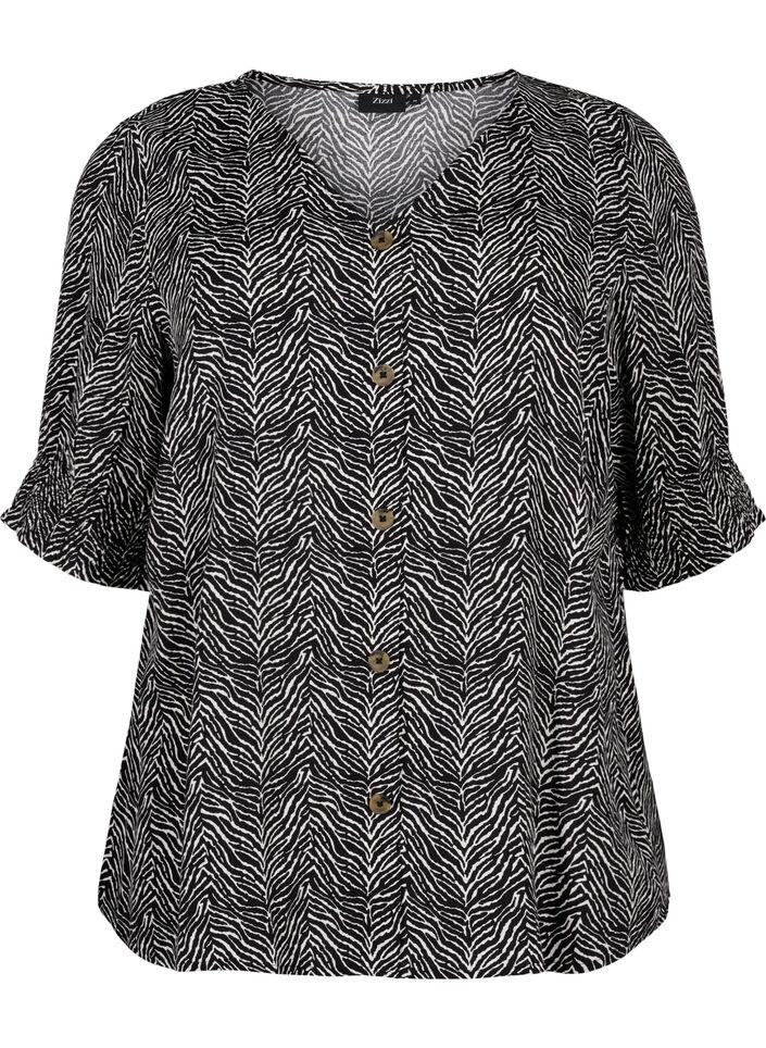  Viskosebluse mit Knöpfen, Black Graphic AOP, Packshot image number 0