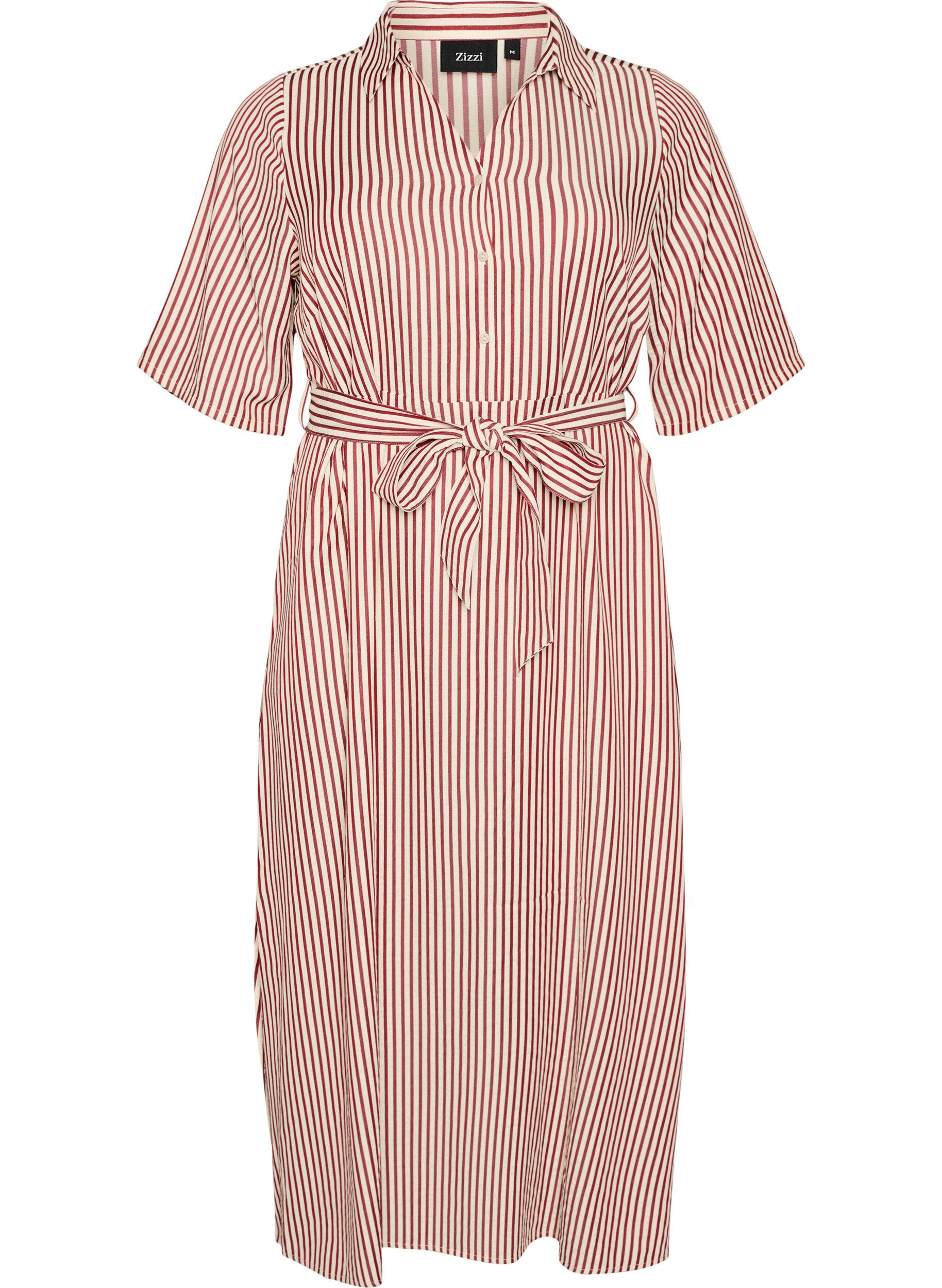ZizziKn&ouml;chellanges Hemdblusenkleid mit Bindeg&uuml;rtel und Streifen, Rot, Packshot image number 0