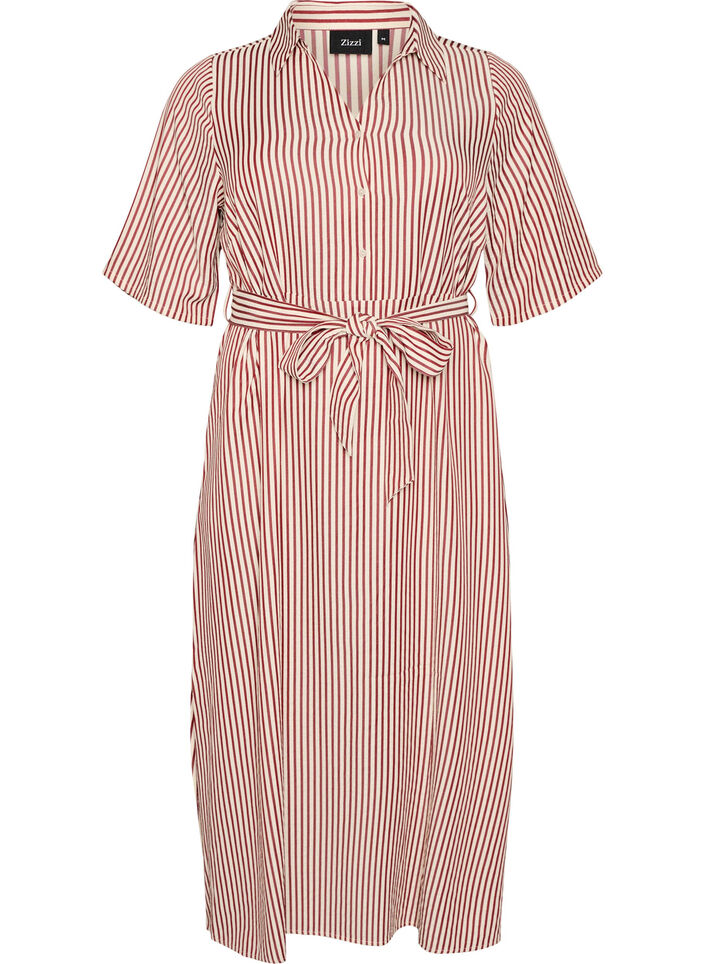 Kn&ouml;chellanges Hemdblusenkleid mit Bindeg&uuml;rtel und Streifen, Rot, Packshot image number 0