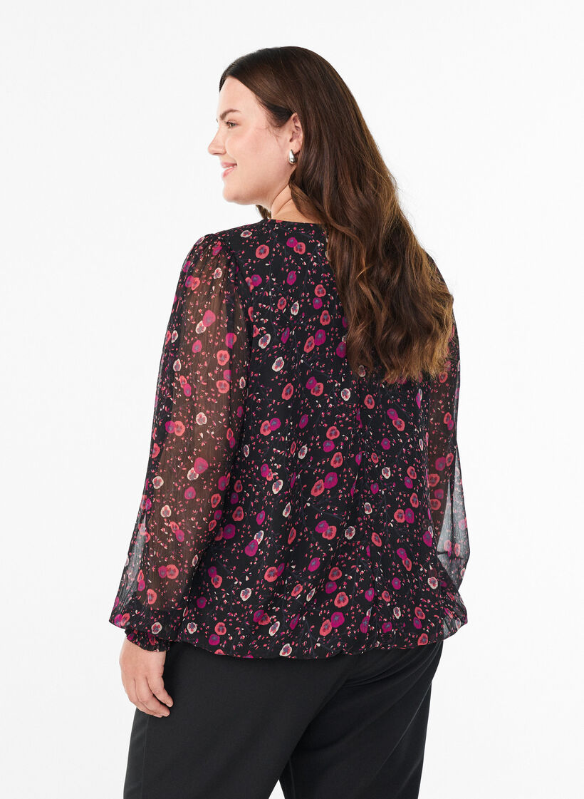 Geblümte Bluse aus Chiffon mit transparenten Ärmeln, Schwarz, Model image number 2