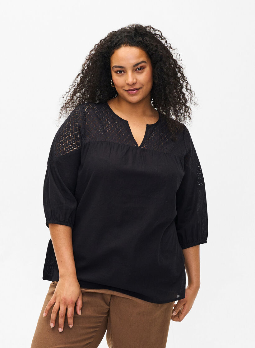 Bluse aus Baumwollmischung mit Leinen und H&auml;keldetails, Black, Model image number 0