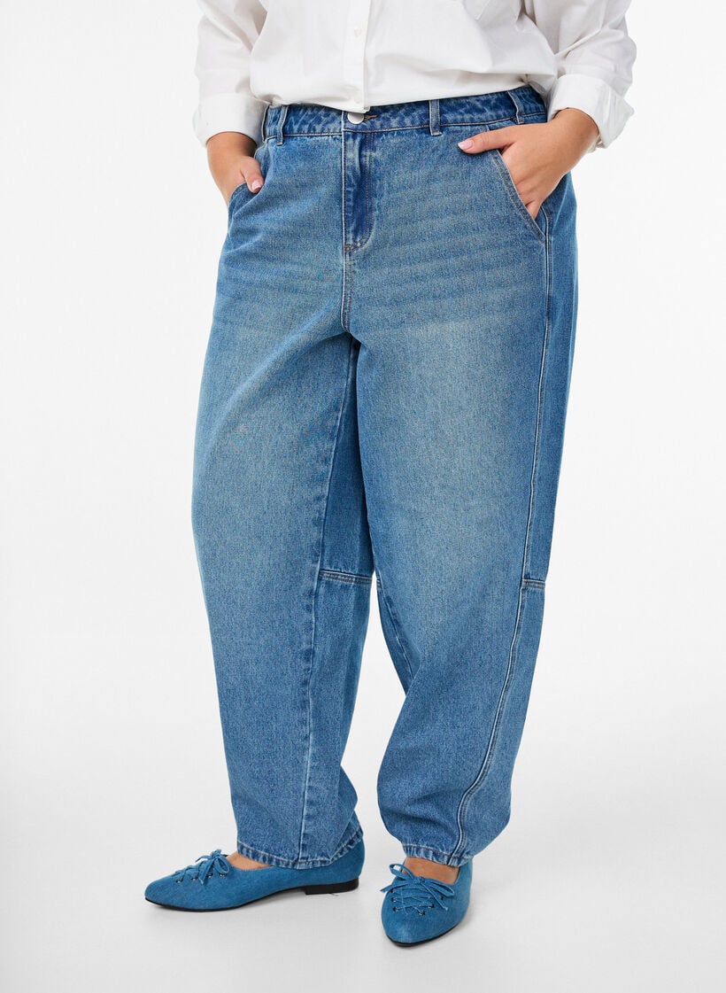 Hoch taillierte Barrel-Jeans, Blau, Model image number 2