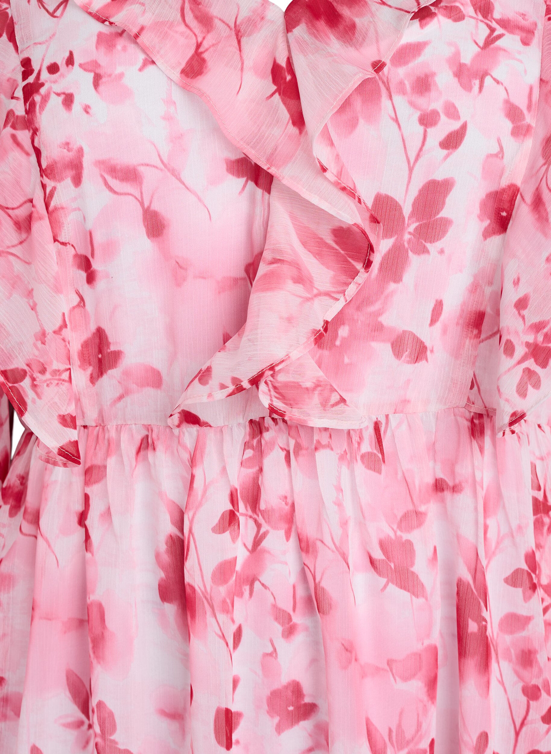 ZizziGebl&uuml;mtes Kleid aus Chiffon mit R&uuml;schen und langen &Auml;rmeln, Pink, Packshot image number 2