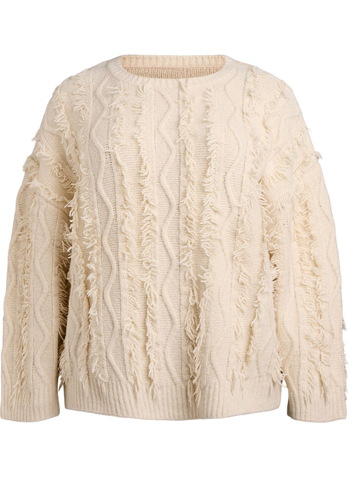 Strick mit Rundhalsausschnitt und Strukturmuster, Beige, Packshot image number 0