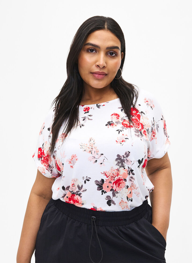 Geblümte Bluse aus Viskose mit kurzen Ärmeln, White AOP flower, Model image number 0