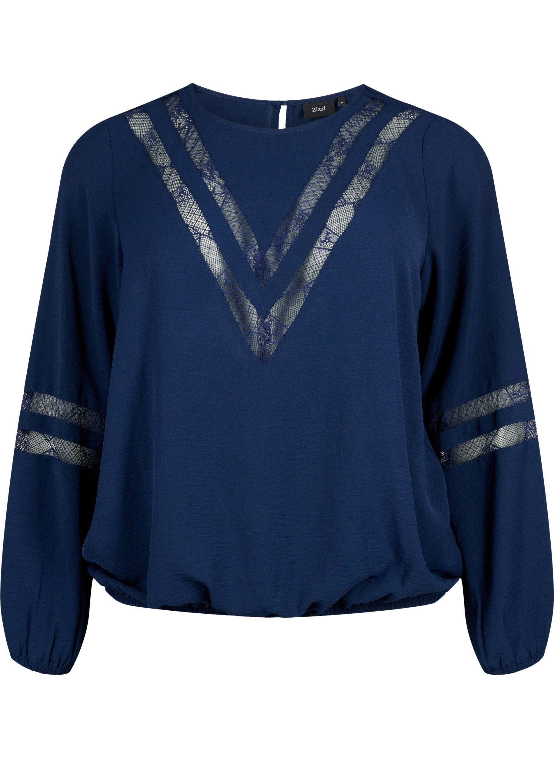 Zizzi Langarm-Bluse mit Spitze, Navy Blazer, Packshot image number 0