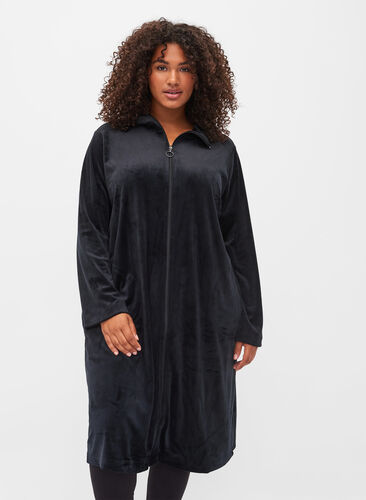 Velourskleid mit Reißverschluss und Taschen, Black, Model image number 0