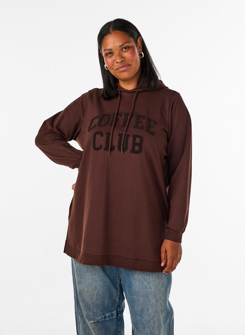 Hoodie mit Textmotiv aus Frottee, Braun, Model image number 0