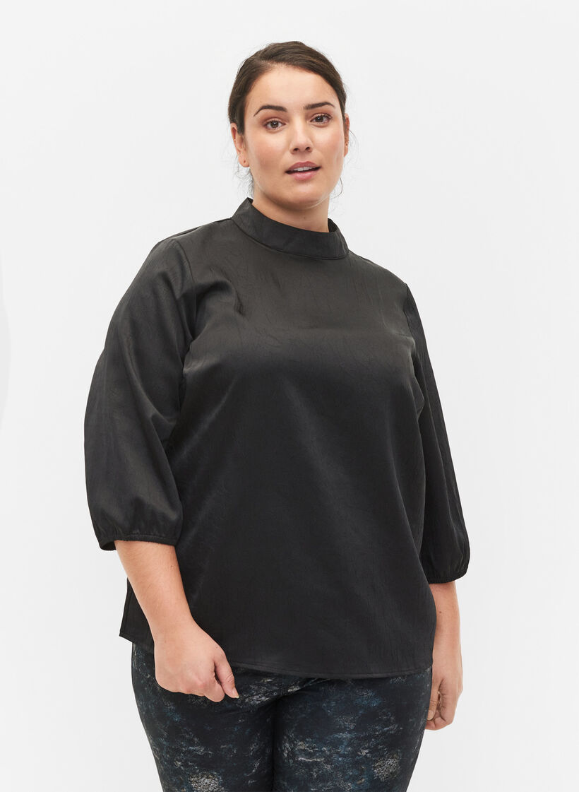 Bluse mit 3/4 Ärmeln und Stehkragen, Black, Model image number 0