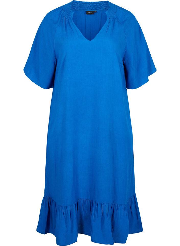Kurzärmeliges Viskosekleid mit V-Ausschnitt, Classic Blue, Packshot image number 0
