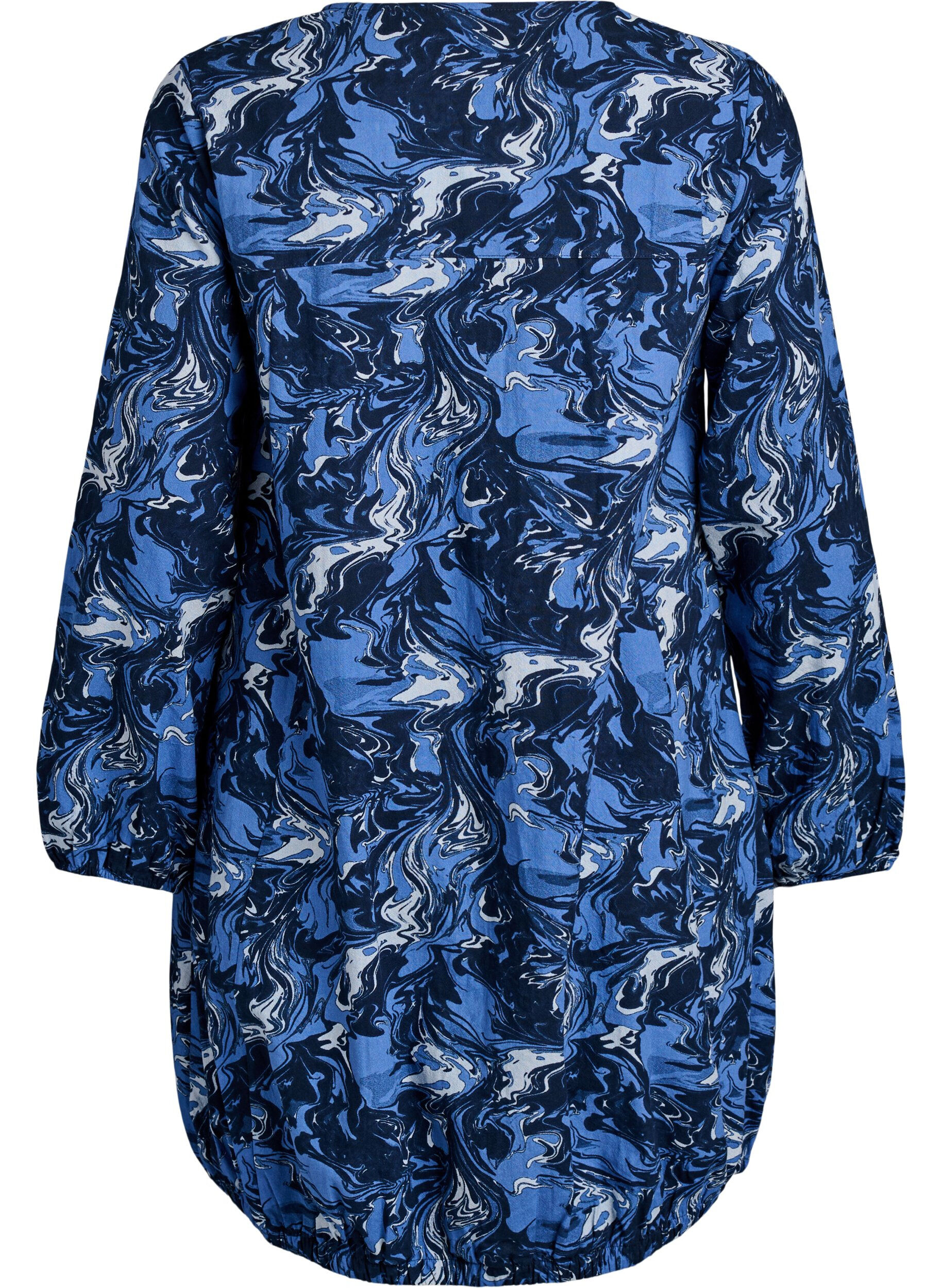 ZizziKurzes Baumwollkleid mit Gummisaum und langen &Auml;rmeln, Blau, Packshot image number 1