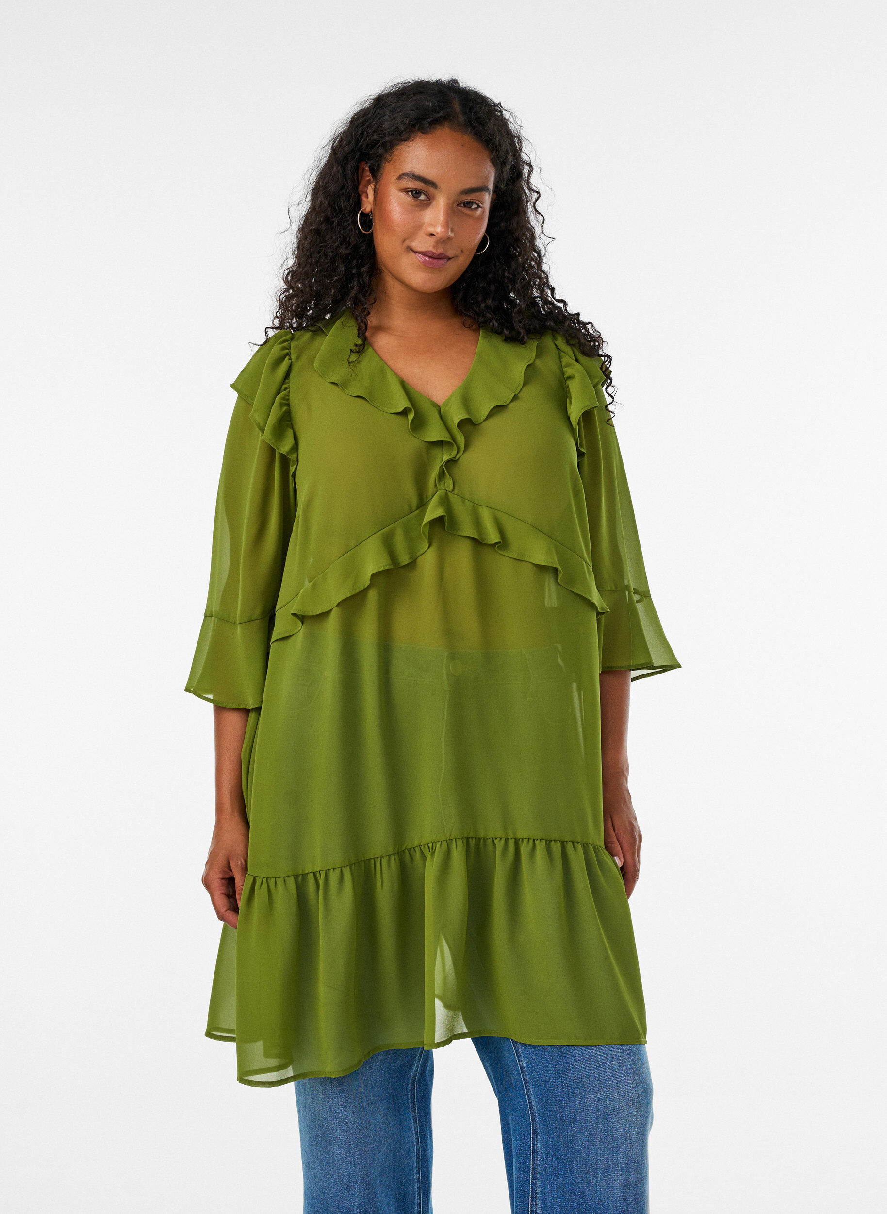 ZizziLeichtes Kleid mit R&uuml;schen und V-Ausschnitt, Gr&uuml;n, Model image number 0