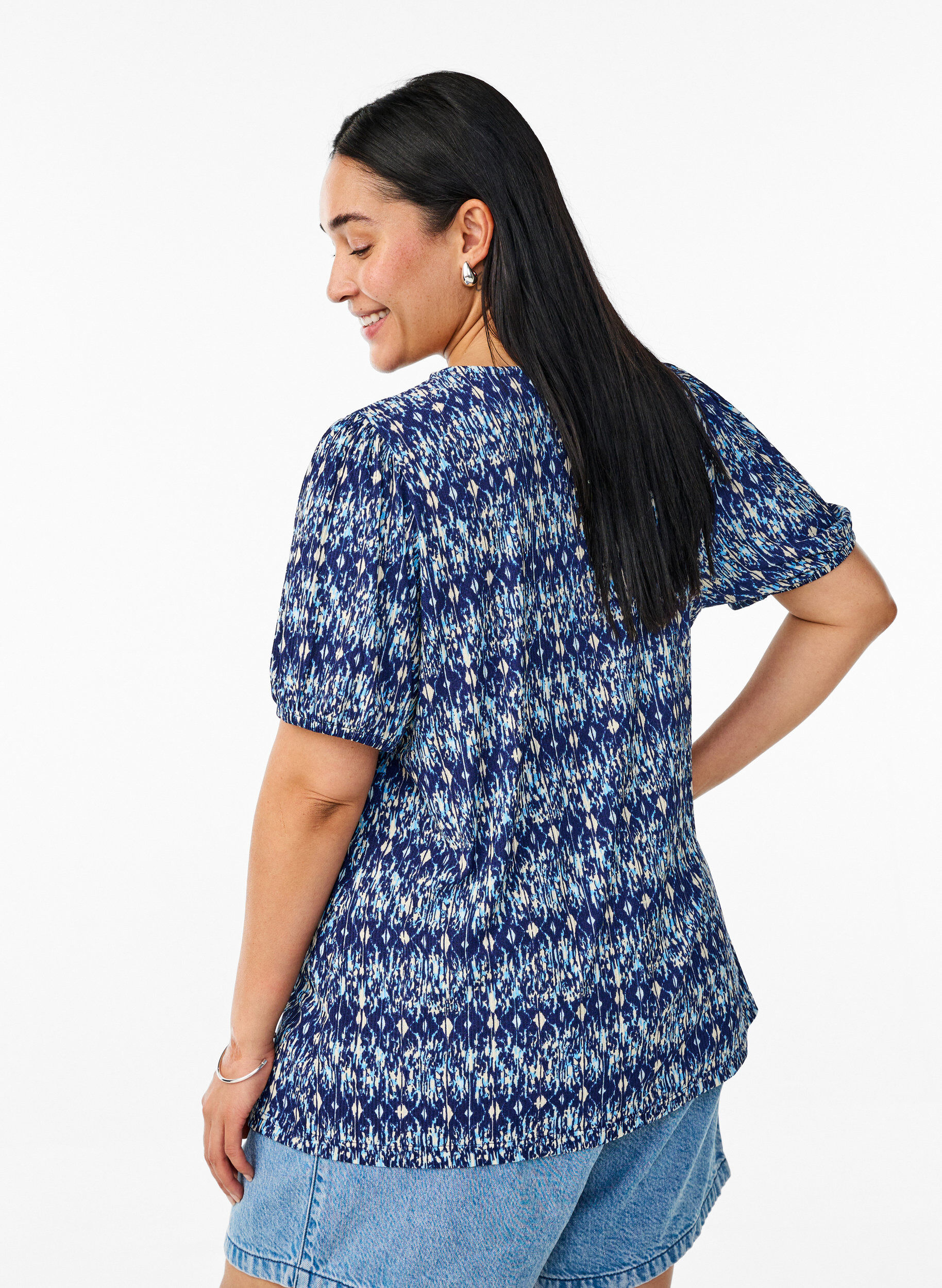 ZizziGemusterte Bluse mit kurzen &Auml;rmeln, Blau, Model image number 2