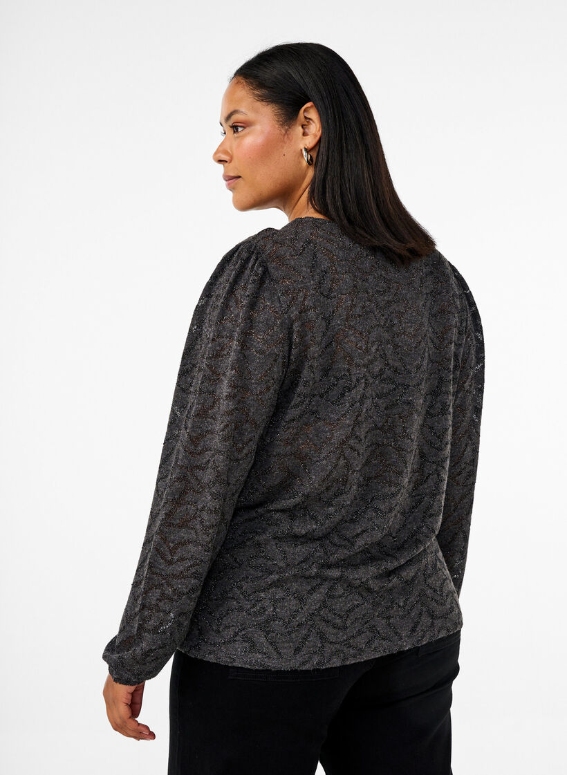 Langärmlige Bluse mit Glitzer und Muster, Grau, Model image number 2