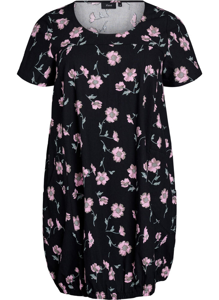 Kurz&auml;rmliges Baumwollkleid mit Aufdruck, Schwarz, Packshot image number 0