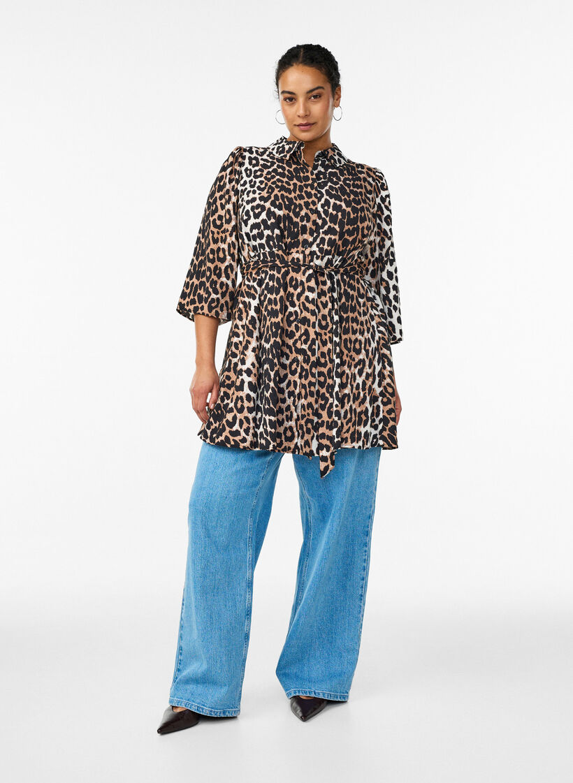 Gemusterte Tunika mit Bindeg&uuml;rtel und 3/4-&Auml;rmeln, Braun, Model image number 1