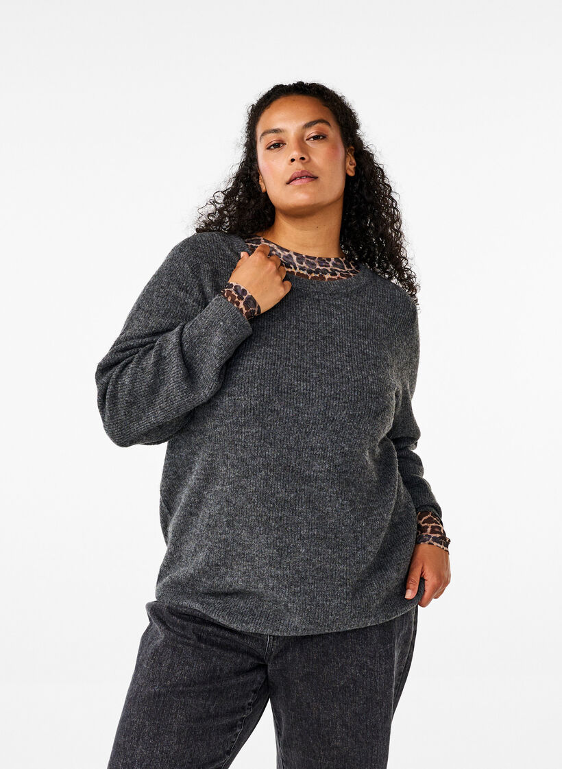 Melange-Pullover mit Rundhalsausschnitt, Dark Grey Black Mel., Model image number 0