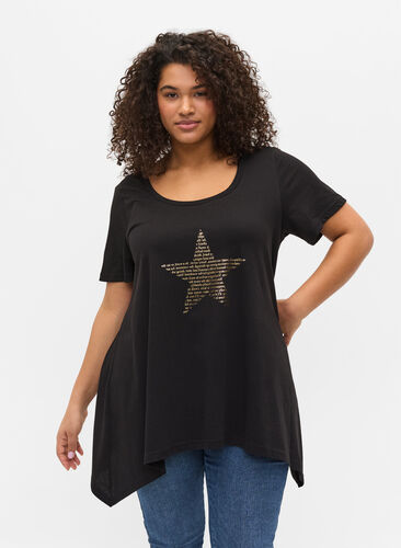 Kurzarm T-Shirt aus Baumwolle mit A-Linie, Black w. Gold Star, Model image number 0